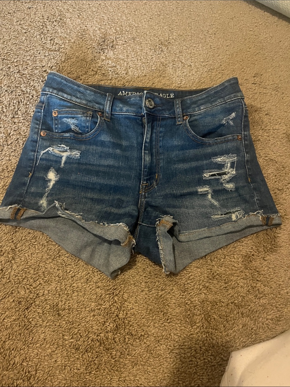 American Eagle Outfitters Distressed Blue Denim hi rise shortie size 8